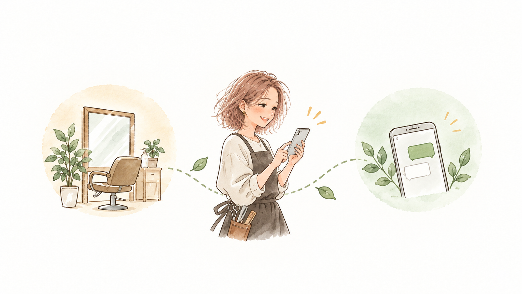 サロンとLINEのメッセージ画面の間で、笑顔でスマートフォンを操作するひとみ